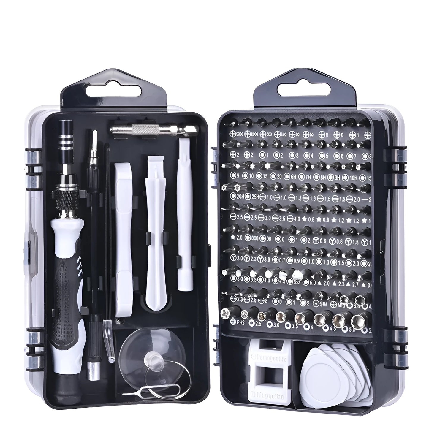 117-in-1 magnetic precision screwdriver set with flexible extension in black, blue, or red box.