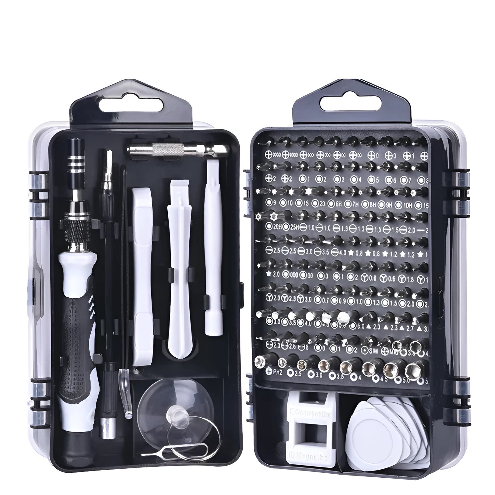 117-in-1 magnetic precision screwdriver set with flexible extension in black, blue, or red box.