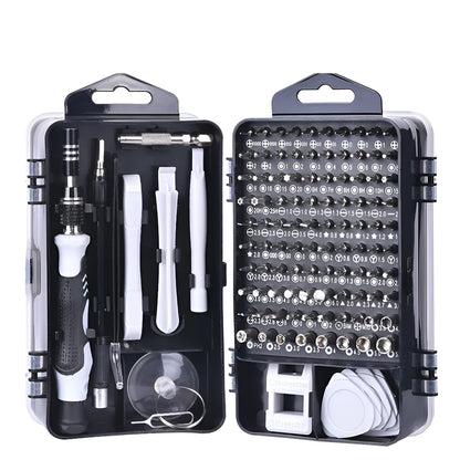 117-in-1 magnetic precision screwdriver set with flexible extension in black, blue, or red box.