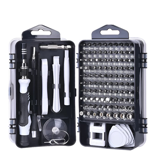 117-in-1 magnetic precision screwdriver set with flexible extension in black, blue, or red box.