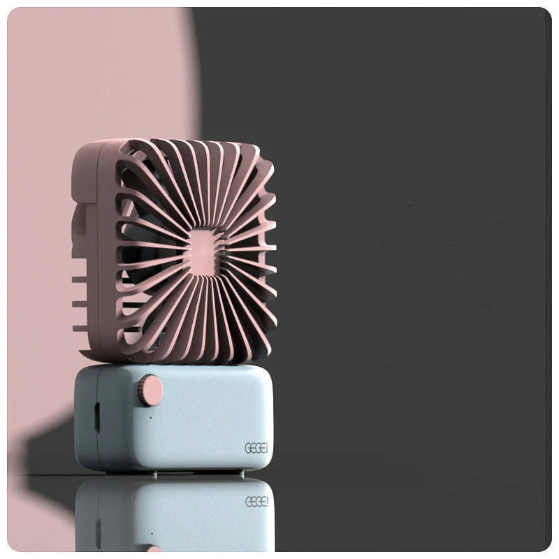 Square Pocket Mini Fan in pink, blue, and green with 3 wind levels and 800 mAh battery