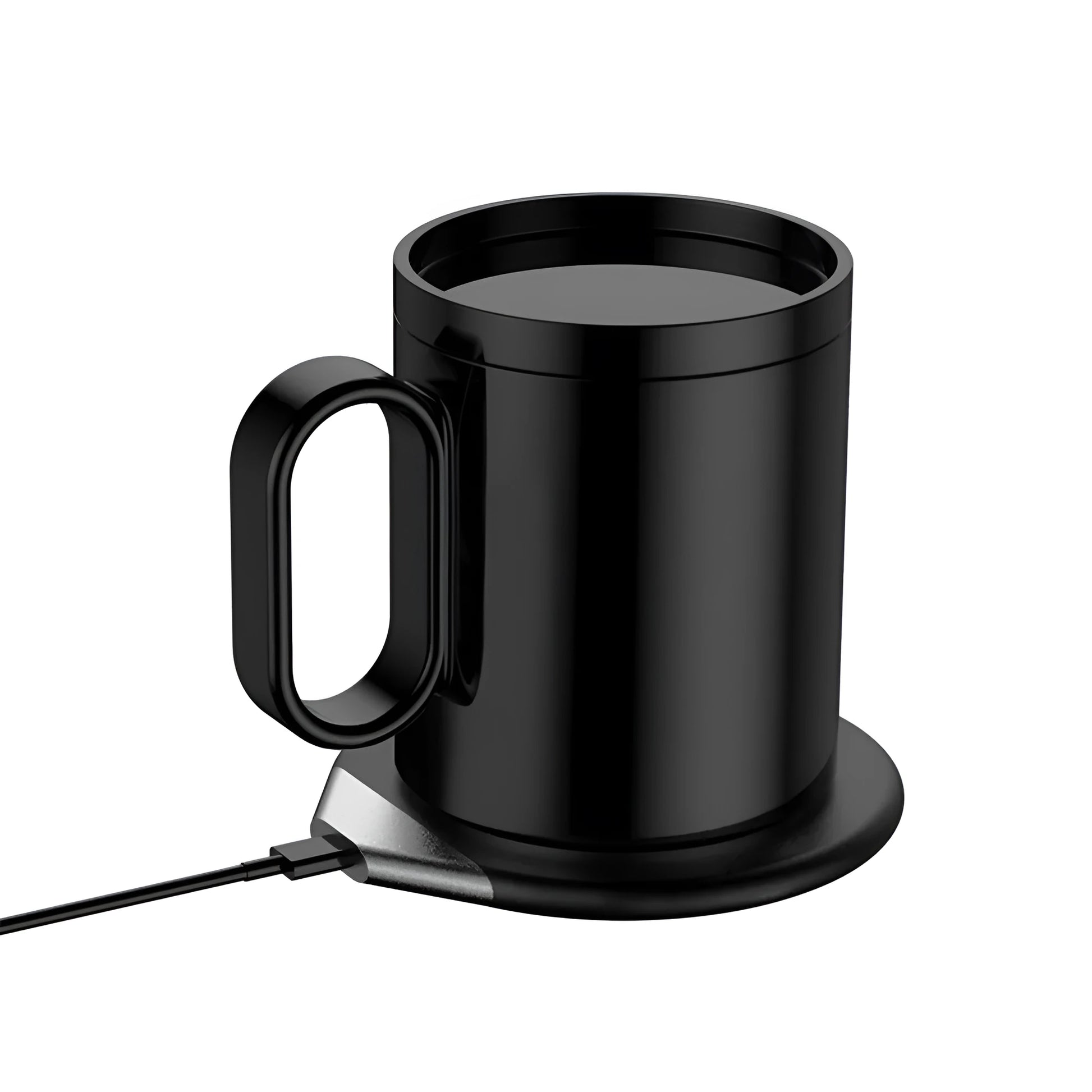 Wireless charging warm cup with porcelain mug on USB-powered coaster in black or white