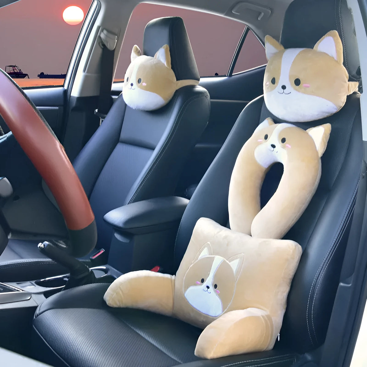 Corgi Shiba Inu cartoon car pillow in headrest U pillow and lumbar pillow styles with polyester cover and cotton filling