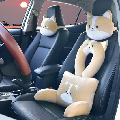 Corgi Shiba Inu cartoon car pillow in headrest U pillow and lumbar pillow styles with polyester cover and cotton filling