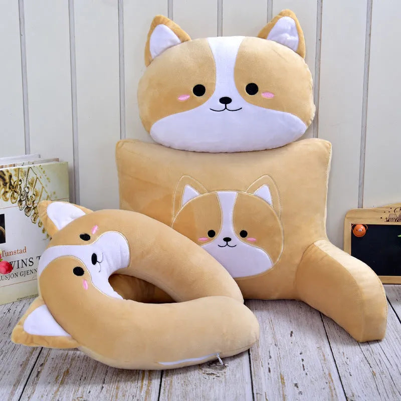 Corgi Shiba Inu cartoon car pillow in headrest U pillow and lumbar pillow styles with polyester cover and cotton filling