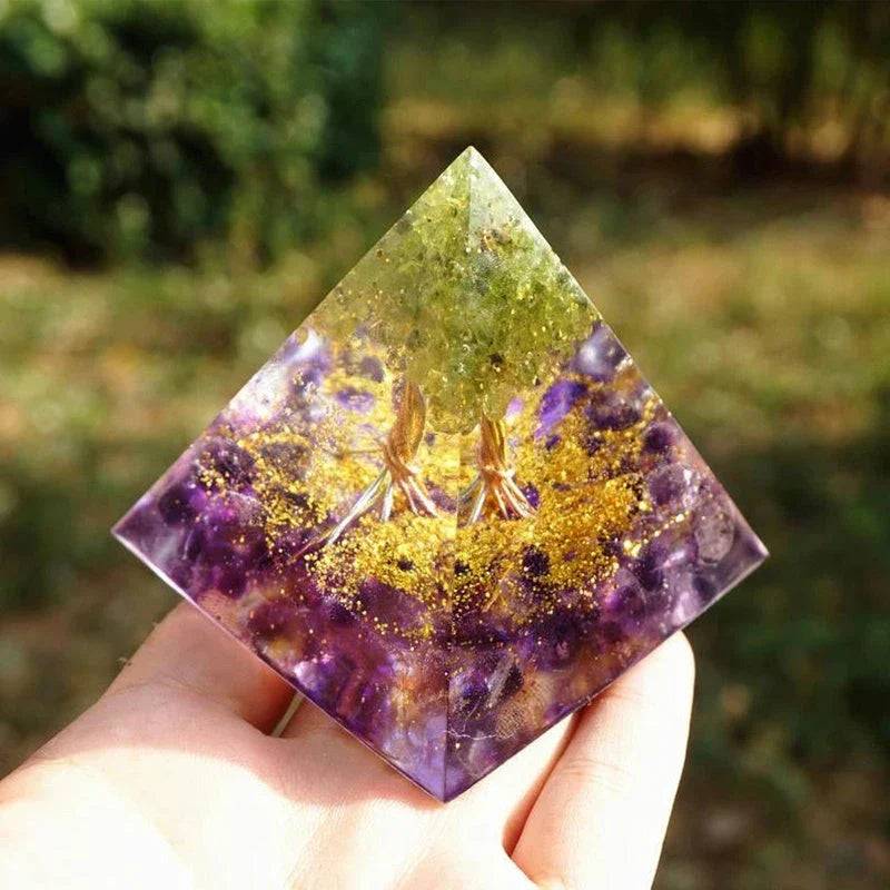 Handcrafted Tiger Eye Orgone Pyramid with Amethyst Crystals - Shields Against EMFs and Promotes Emotional Balance