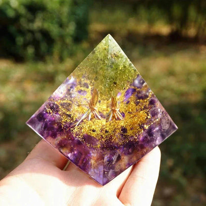 Handcrafted Tiger Eye Orgone Pyramid with Amethyst Crystals - Shields Against EMFs and Promotes Emotional Balance