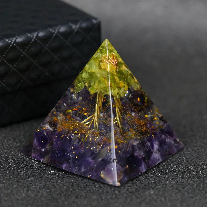 Handcrafted Tiger Eye Orgone Pyramid with Amethyst Crystals - Shields Against EMFs and Promotes Emotional Balance