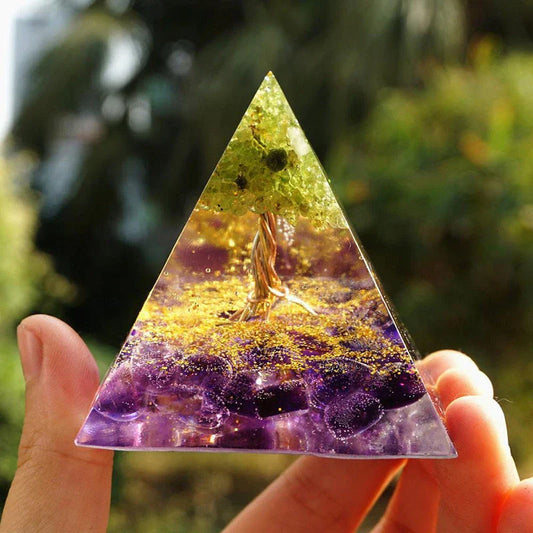 Handcrafted Tiger Eye Orgone Pyramid with Amethyst Crystals - Shields Against EMFs and Promotes Emotional Balance