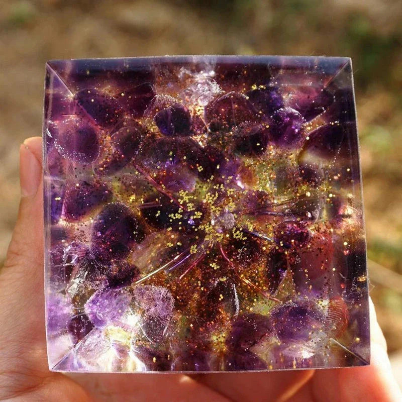 Handcrafted Tiger Eye Orgone Pyramid with Amethyst Crystals - Shields Against EMFs and Promotes Emotional Balance