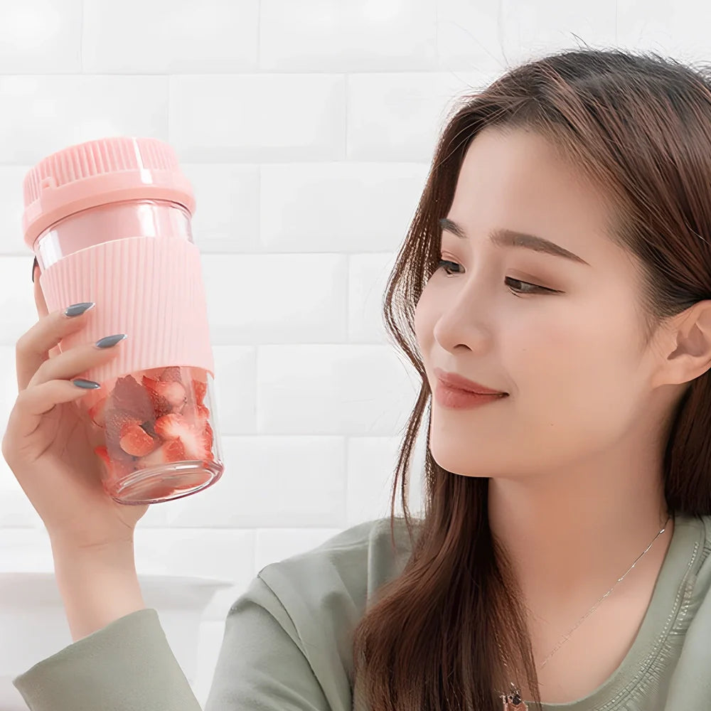 Pink portable USB blender with 400ml container, 37W motor, and 300ml juice capacity