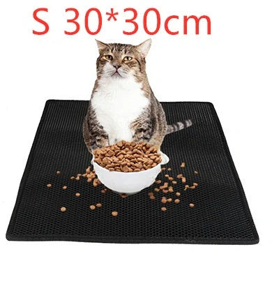 Deluxe Honeycomb Cat Litter Mat in various colors and sizes, featuring a waterproof base and high-elastic EVA foam design to effectively trap litter