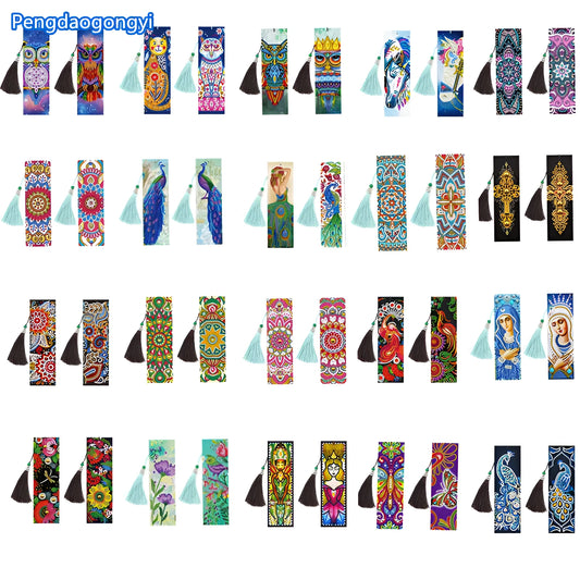 Handmade 5D diamond painting DIY bookmark kit with pendant on PU leather, measuring 6cm by 21cm.