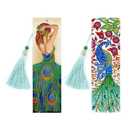 Handmade 5D diamond painting DIY bookmark kit with pendant on PU leather, measuring 6cm by 21cm.