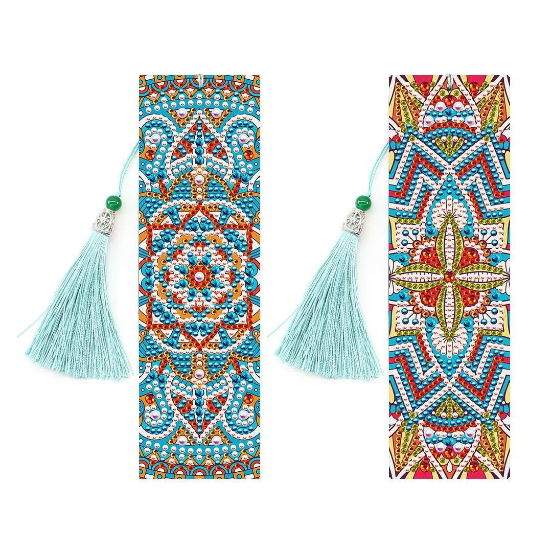Handmade 5D diamond painting DIY bookmark kit with pendant on PU leather, measuring 6cm by 21cm.