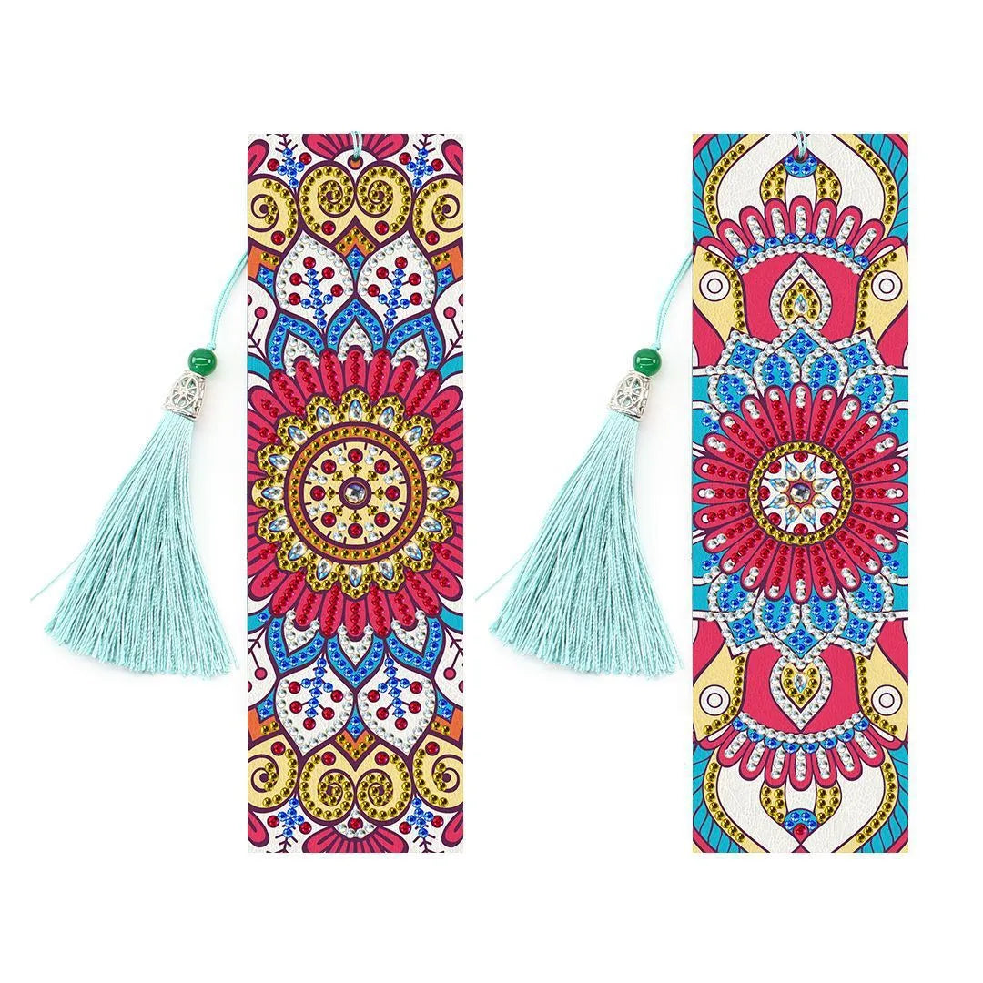 Handmade 5D diamond painting DIY bookmark kit with pendant on PU leather, measuring 6cm by 21cm.