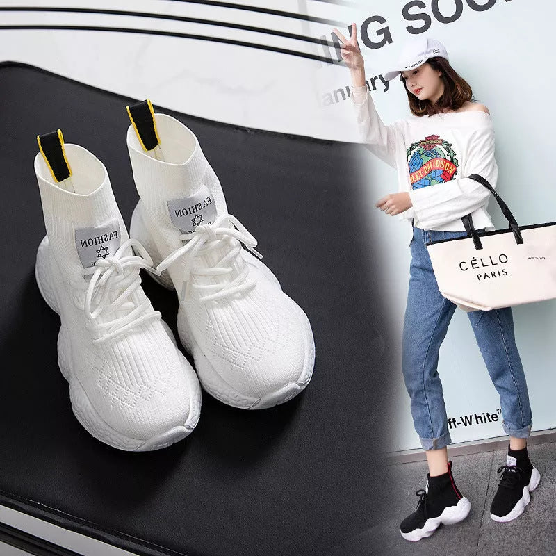 Women's white and black breathable mesh casual shoes with thick sole