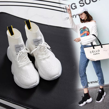 Women's white and black breathable mesh casual shoes with thick sole