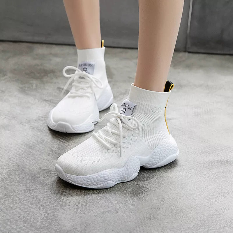 Women's white and black breathable mesh casual shoes with thick sole