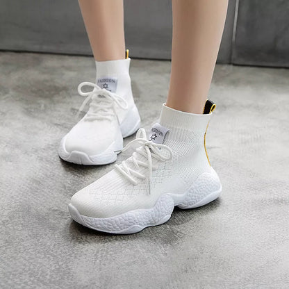 Women's white and black breathable mesh casual shoes with thick sole