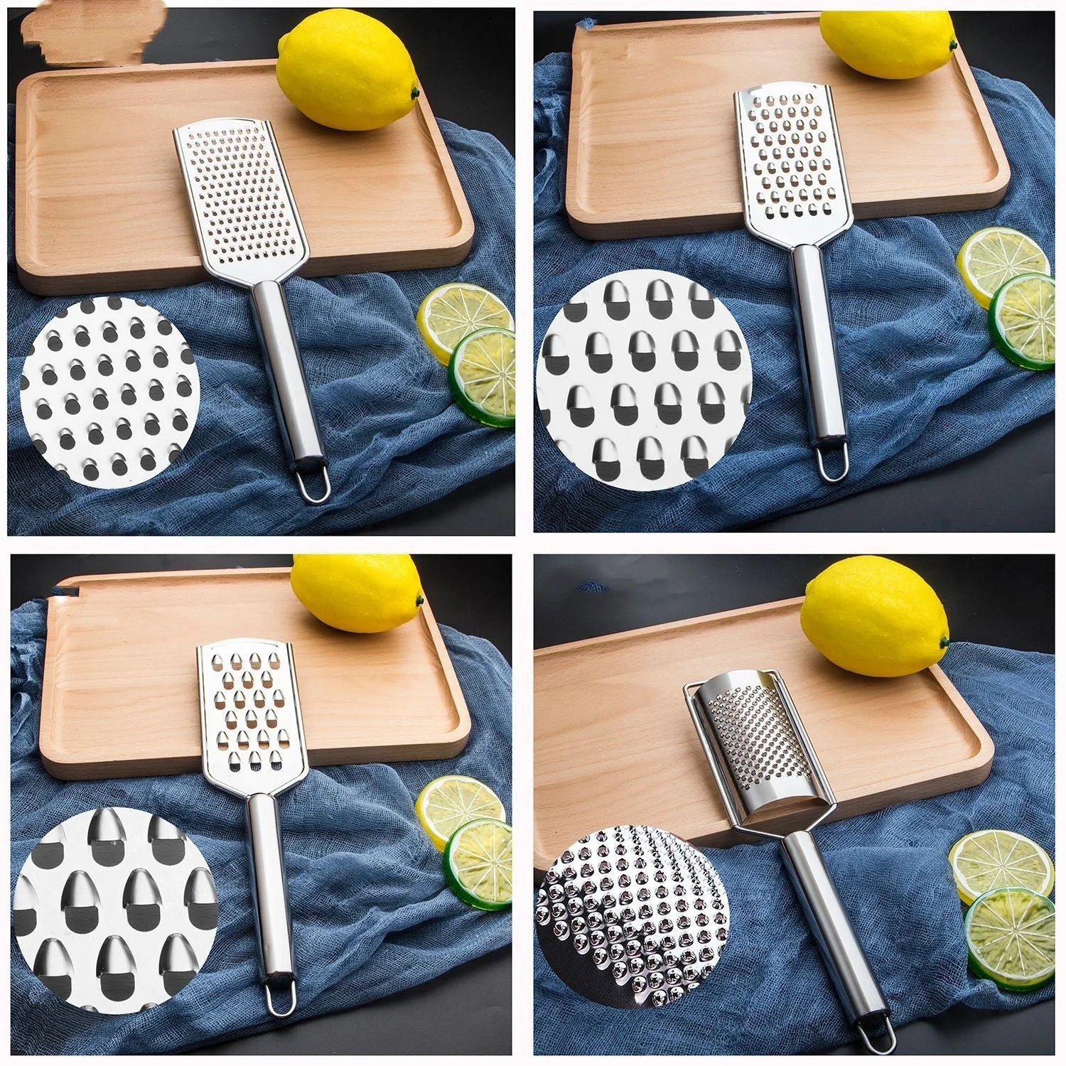 Stainless steel kitchen grater set with four grating options for cheese, vegetables, and ginger