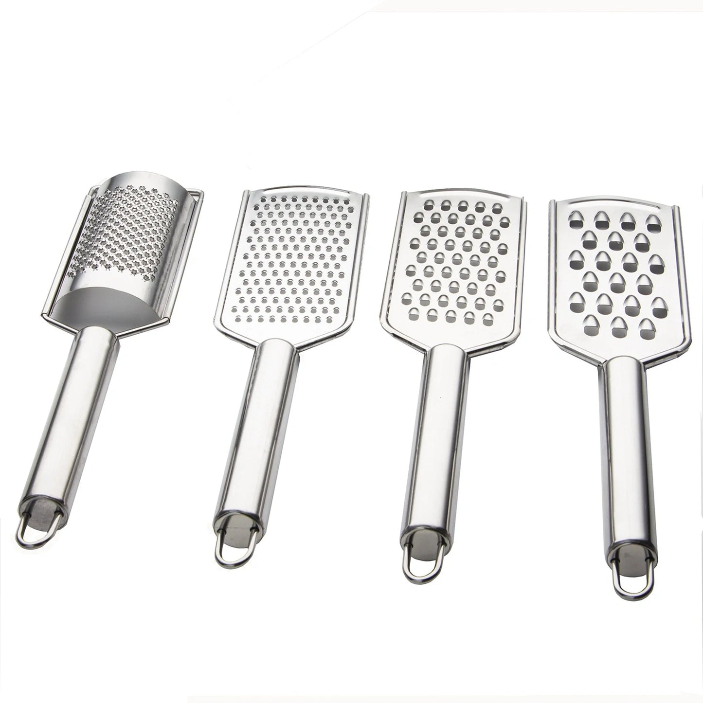 Stainless steel kitchen grater set with four grating options for cheese, vegetables, and ginger