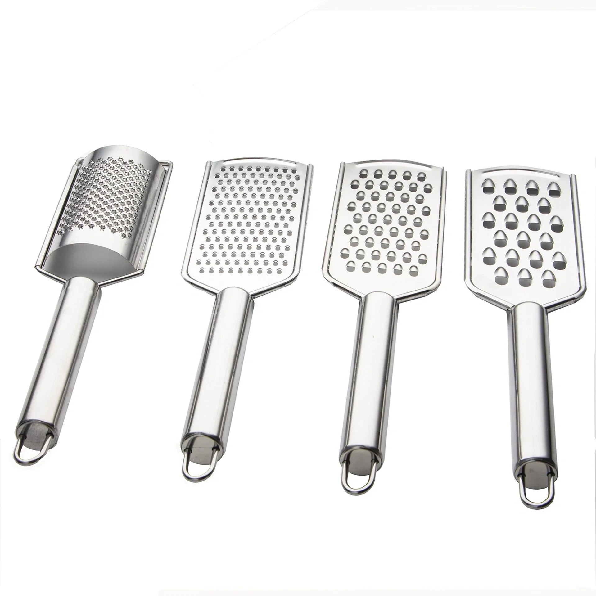 Stainless steel kitchen grater set with four grating options for cheese, vegetables, and ginger
