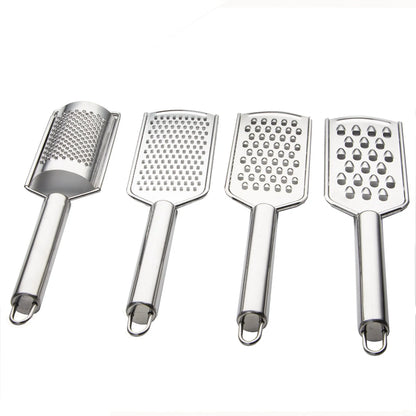 Stainless steel kitchen grater set with four grating options for cheese, vegetables, and ginger
