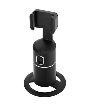 Black smart phone gimbal showing 360-degree rotation capability and clip attachment for mobile devices