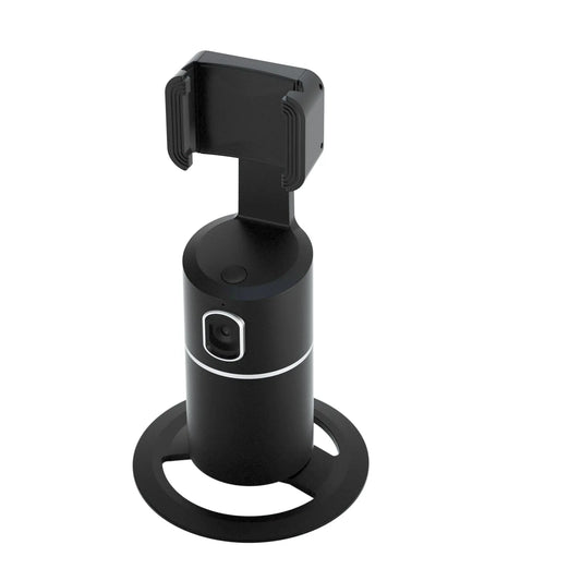 Black smart phone gimbal showing 360-degree rotation capability and clip attachment for mobile devices