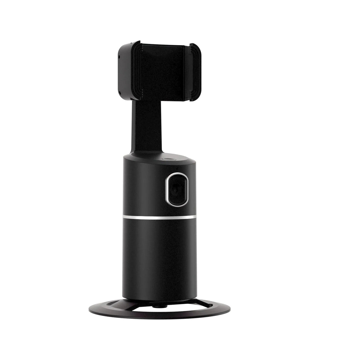 Black smart phone gimbal showing 360-degree rotation capability and clip attachment for mobile devices