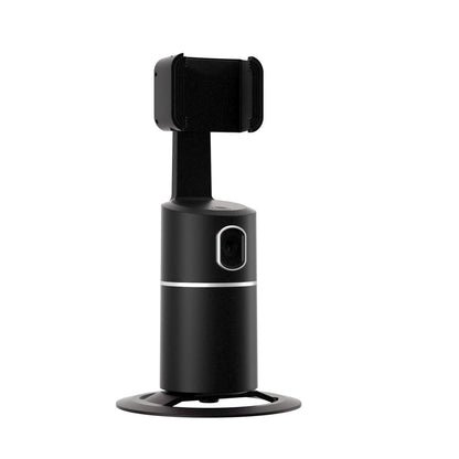 Black smart phone gimbal showing 360-degree rotation capability and clip attachment for mobile devices