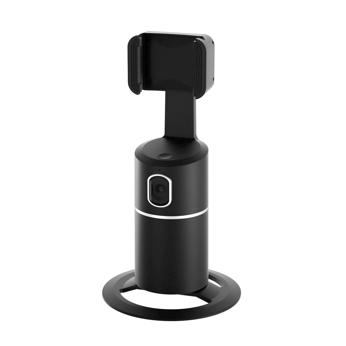 Black smart phone gimbal showing 360-degree rotation capability and clip attachment for mobile devices
