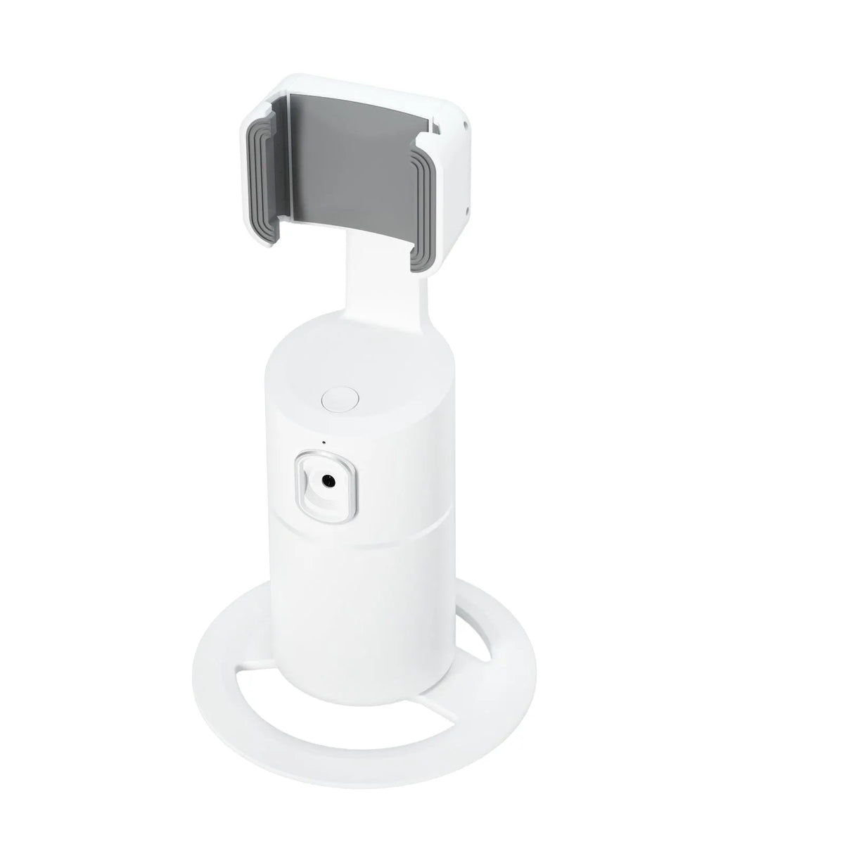 Black smart phone gimbal showing 360-degree rotation capability and clip attachment for mobile devices