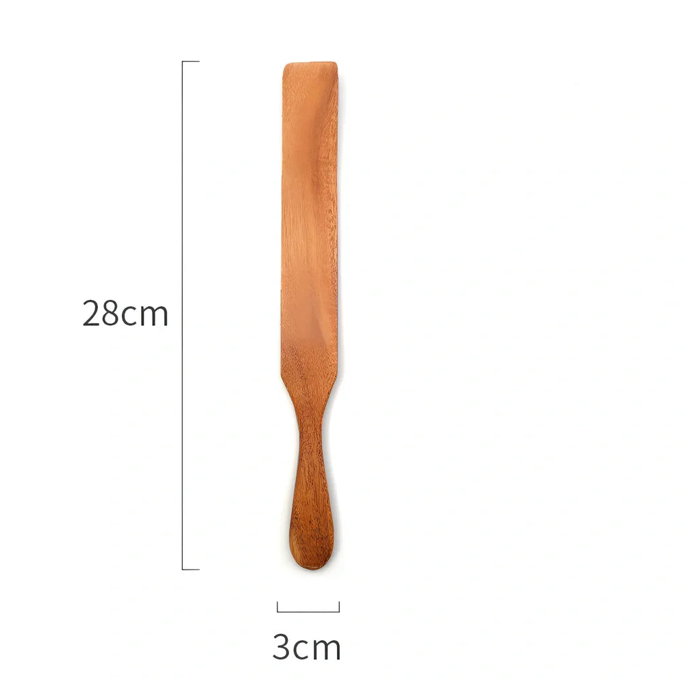 Five teak wood spatulas in sizes from 23cm to 34cm including kitchen shovel and cooking spatulas