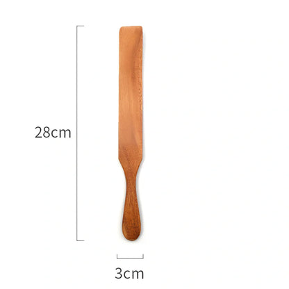 Five teak wood spatulas in sizes from 23cm to 34cm including kitchen shovel and cooking spatulas