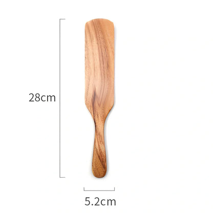 Five teak wood spatulas in sizes from 23cm to 34cm including kitchen shovel and cooking spatulas