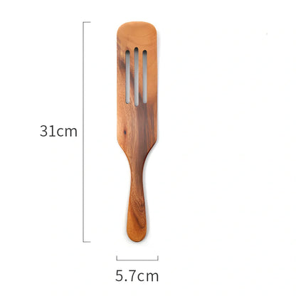 Five teak wood spatulas in sizes from 23cm to 34cm including kitchen shovel and cooking spatulas