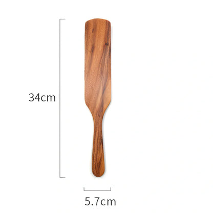 Five teak wood spatulas in sizes from 23cm to 34cm including kitchen shovel and cooking spatulas
