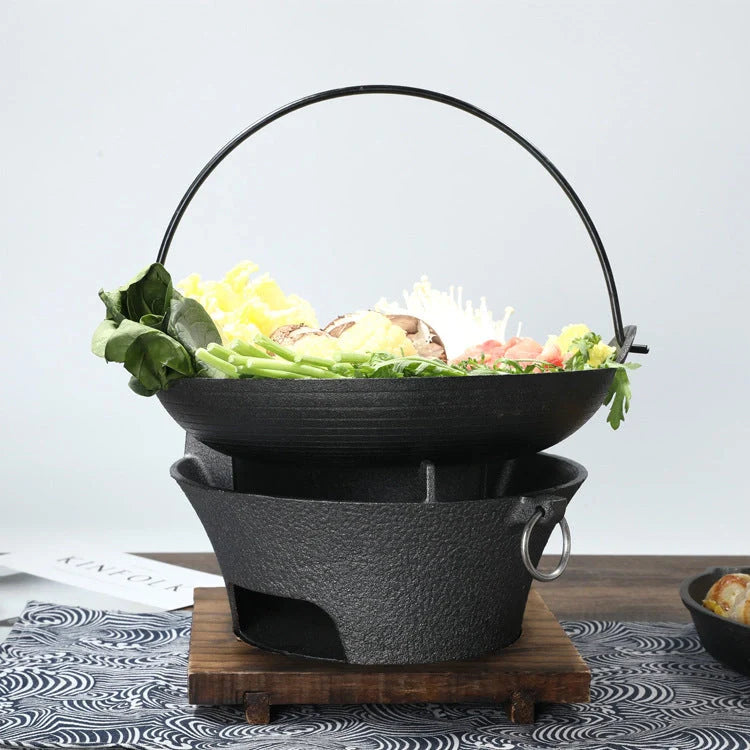 Cast Iron Japanese Shouxi Hanging Pot with fir wood lid for even cooking and flavor retention