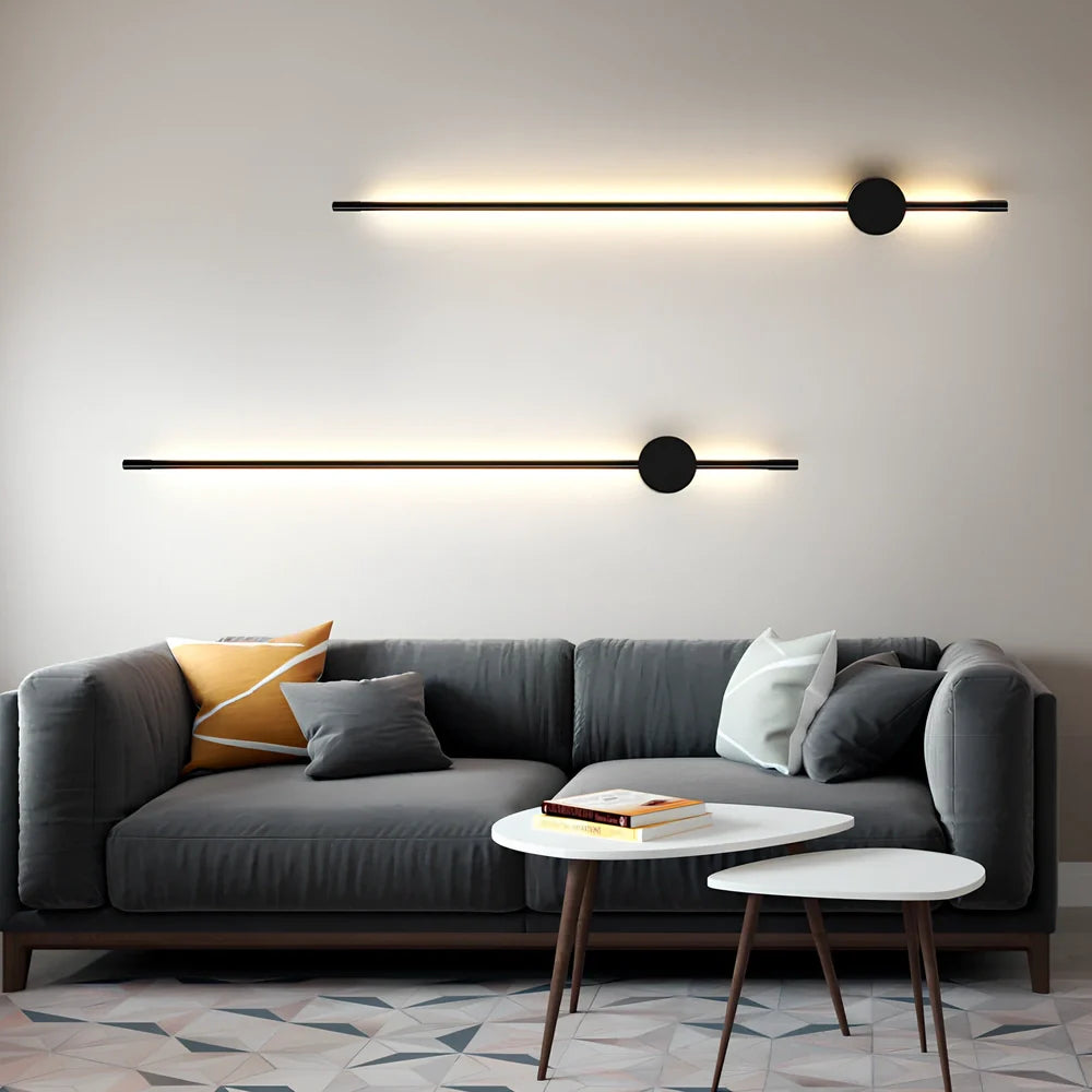 Black 60cm linear LED bathroom mirror lamp with acrylic shade mounted above bathroom mirror