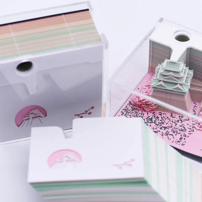Three-dimensional Post-it Note Hayao Miyazaki Spirited Away Architectural Model featuring detailed Nagoya Tianshou Tower design in specialty paper construction, available in gold, pink, and white colour options for desk display and fandom decoration