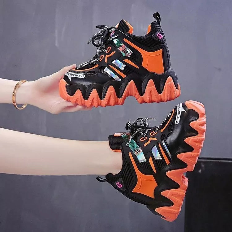 Women's grey and orange platform casual sports shoes with waterproof feature