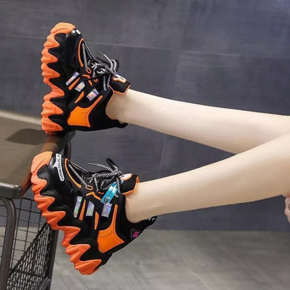 Women's grey and orange platform casual sports shoes with waterproof feature