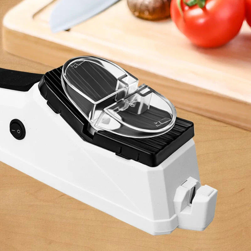 Powerful electric knife sharpener with dual sharpening slots, protective cover, and ergonomic design for quick and easy blade renewal.