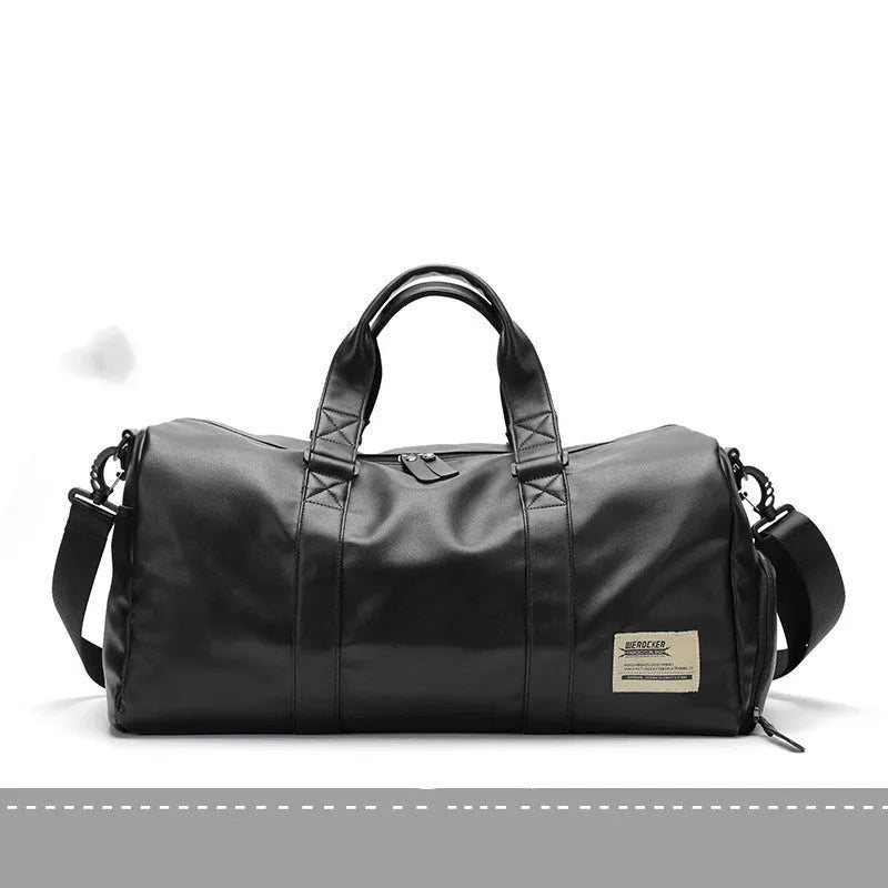 Black PU leather sports training bag with zipper pockets, showing 56-75 litre capacity and handle accessory