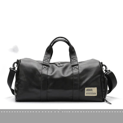 Black PU leather sports training bag with zipper pockets, showing 56-75 litre capacity and handle accessory