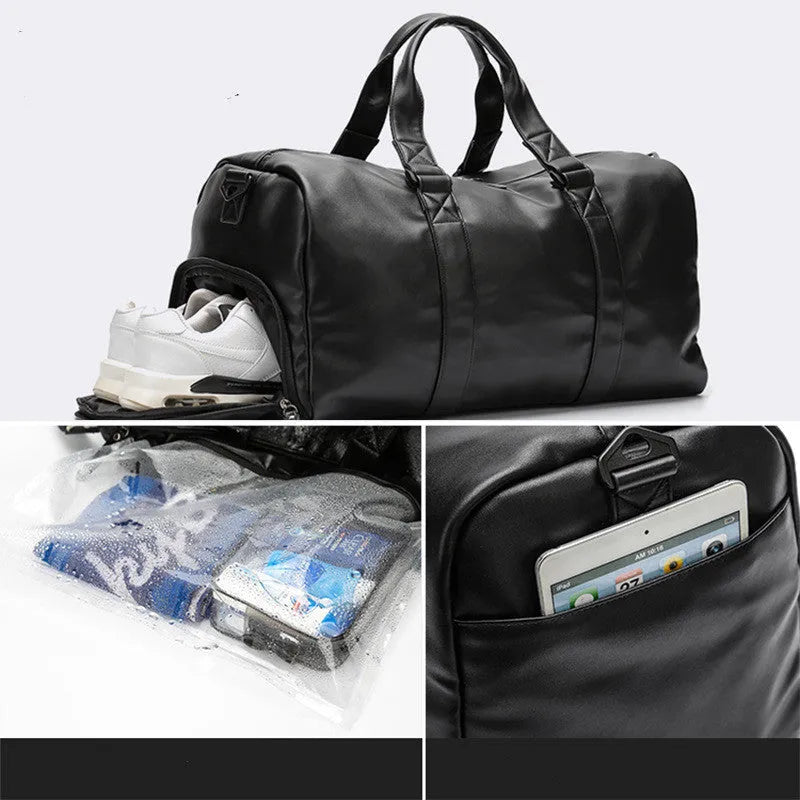 Black PU leather sports training bag with zipper pockets, showing 56-75 litre capacity and handle accessory
