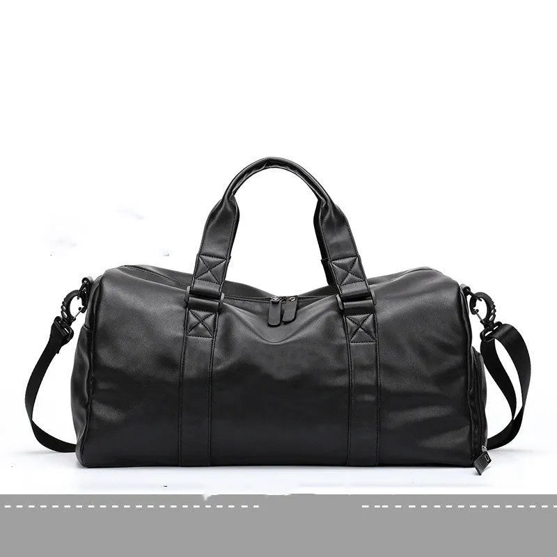 Black PU leather sports training bag with zipper pockets, showing 56-75 litre capacity and handle accessory