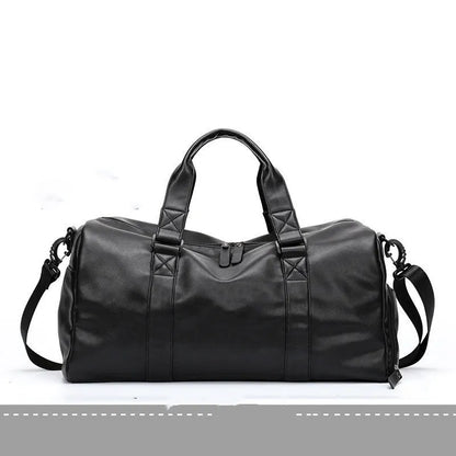 Black PU leather sports training bag with zipper pockets, showing 56-75 litre capacity and handle accessory